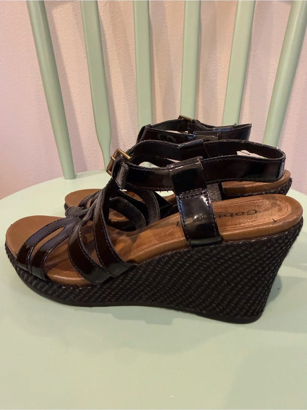 Black Patent Wedge Sandals with Ankle Buckle